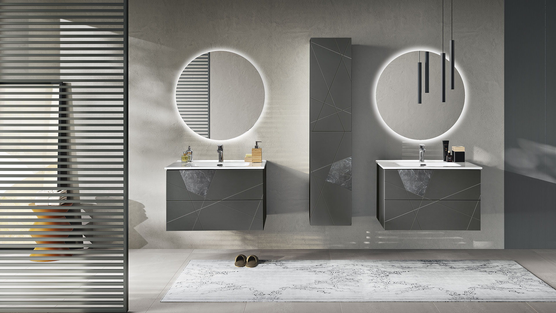 Bagno moderno Piccininno Arredamenti con doccia walk-in e sanitari sospesi