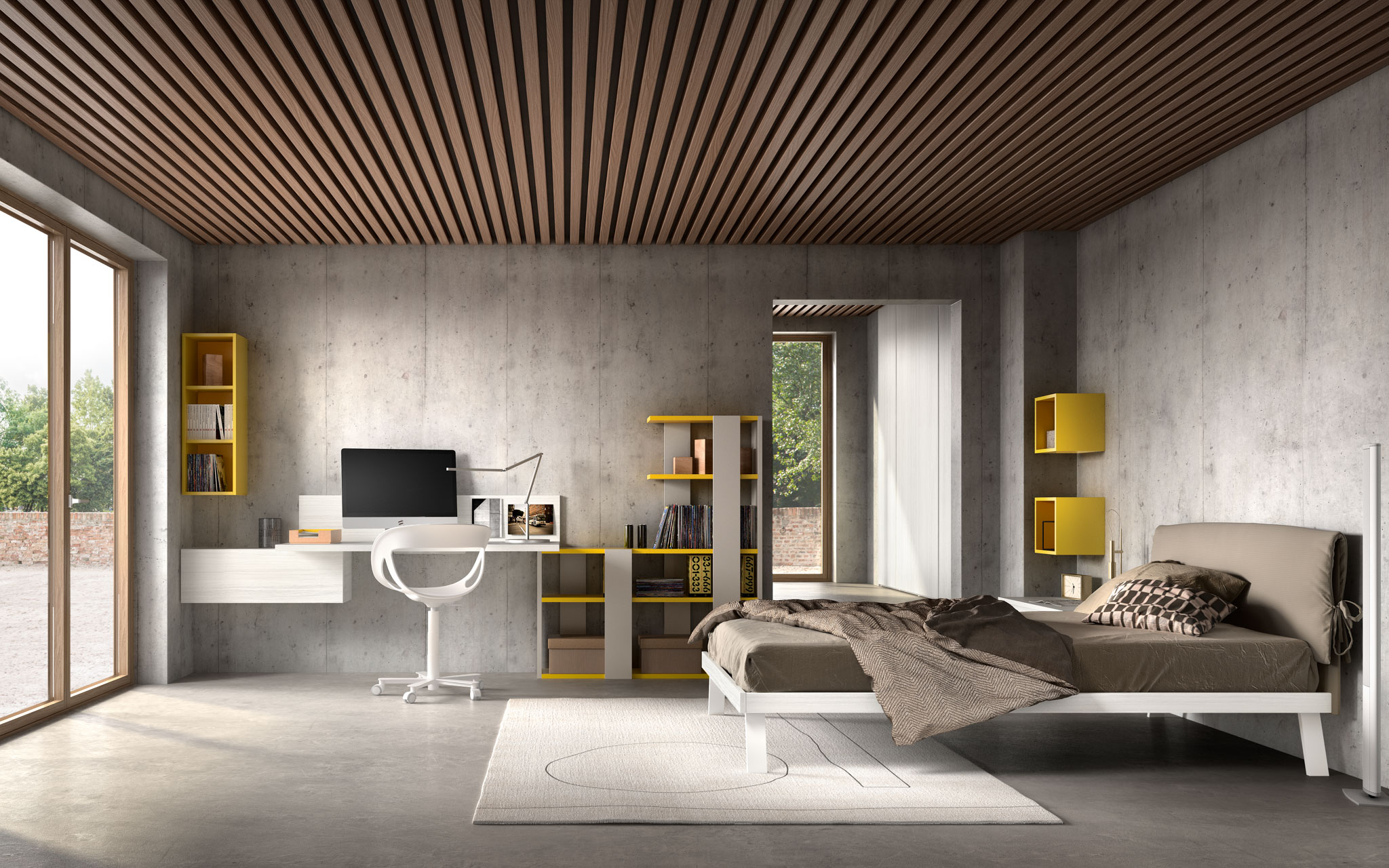 Cameretta minimalista Piccininno Arredamenti con letto e armadio bianchi